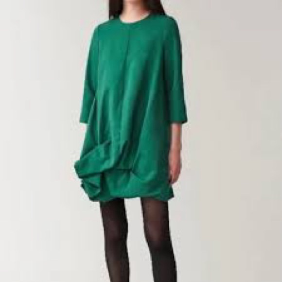 COS Bubble Scrunched Hem 3/4 Sleeve Pocket Dress in Emerald Green - Size 6 - Picture 1 of 9